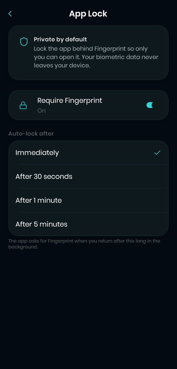 App Lock settings: a toggle requiring fingerprint or device unlock before the app will open.