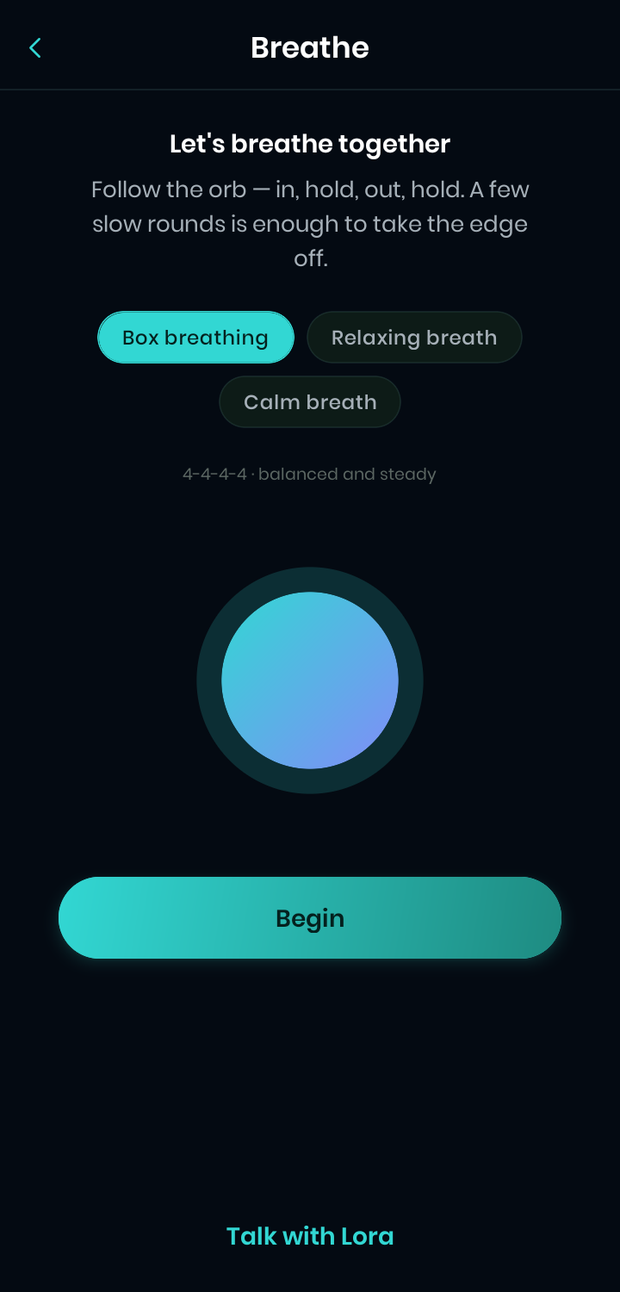 The Breathe tool: “Let's breathe together”, with a choice of box breathing or relaxing breath.