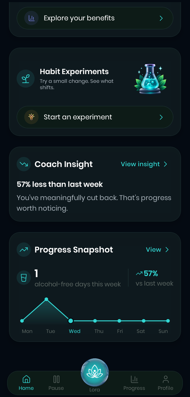 A Coach Insight card on the home screen reading “57% less than last week — you've meaningfully cut back, that's progress worth noticing”, above a progress snapshot chart.