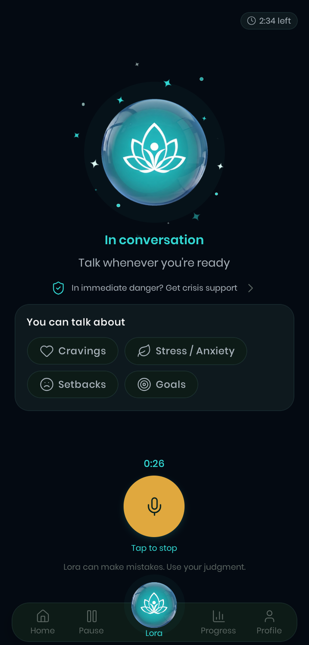 A voice conversation in progress with Lora — the orb is active, the screen reads “In conversation · talk whenever you're ready”, with a tap-to-stop control.