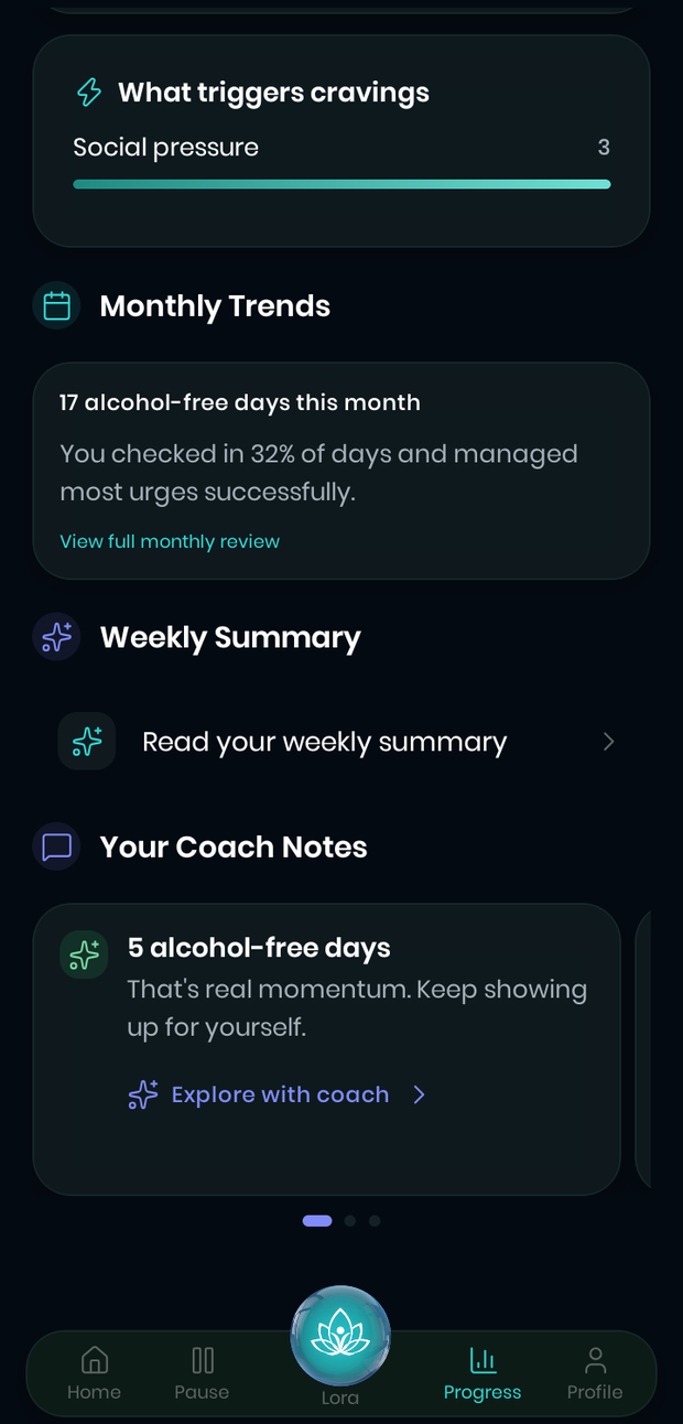Your Coach Notes: a card reading “5 alcohol-free days — that's real momentum, keep showing up for yourself”, with an option to explore it with the coach, below monthly trends and a weekly summary link.