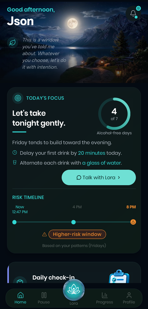 The home screen: an evening greeting over a moonlit lake, a Today's Focus card reading “Let's take tonight gently” with one alcohol-free day of seven, two small suggestions, and a risk timeline marking eight in the evening as a higher-risk window.