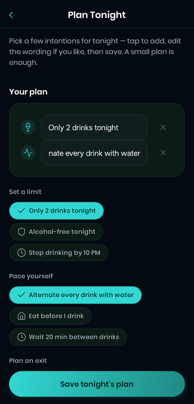 Plan Tonight: choosing a few intentions for the evening — a drink limit, alternating with water, an exit time and a ride home — with a reminder set before the window starts.