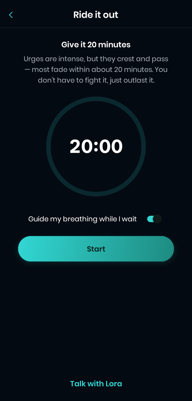 The Ride it out tool: “Give it 20 minutes”, a twenty-minute countdown, and an option to be guided through breathing while waiting.